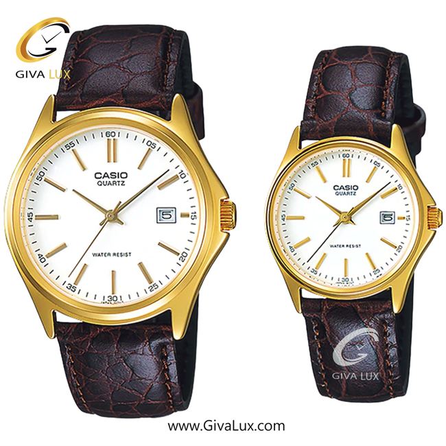 ساعت مچی اورجینال ست کاسیو Casio طلایی | قهوه ای| سفید| کد رفرنس زنانه: LTP-1183Q-7ADF، مردانه: MTP-1183Q-7ADF